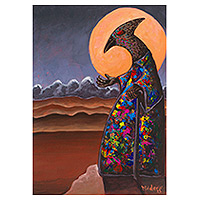 'contemplación' - pintura de sacerdote de pájaro acrílico expresionista espiritual firmada
