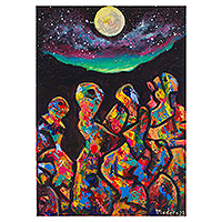 'Dance Under the Moon' - Signed Expressionist colourful Acrylic Nightscape Painting