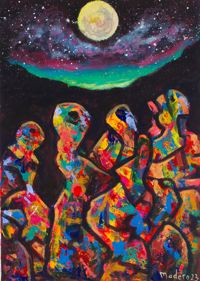 'Dance Under the Moon' - Pintura de paisaje nocturno acrílico colorido expresionista firmada