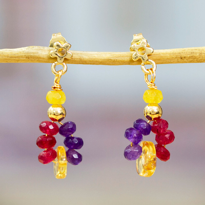 Gold-plated agate and citrine dangle cluster earrings, 'Vibrant Maiden' - 14k Gold-Plated Agate and Citrine Dangle Cluster Earrings