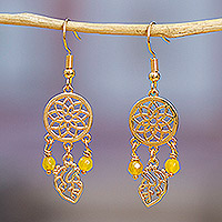 Gold-plated agate chandelier earrings, 'Glorious Dreams' - Gold-Plated Dream Catcher-Themed Agate Chandelier Earrings