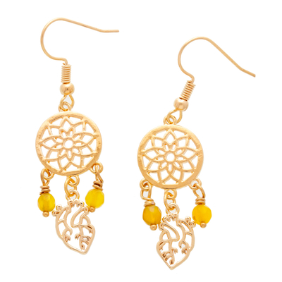 Gold-plated agate chandelier earrings, 'Glorious Dreams' - Gold-Plated Dream Catcher-Themed Agate Chandelier Earrings
