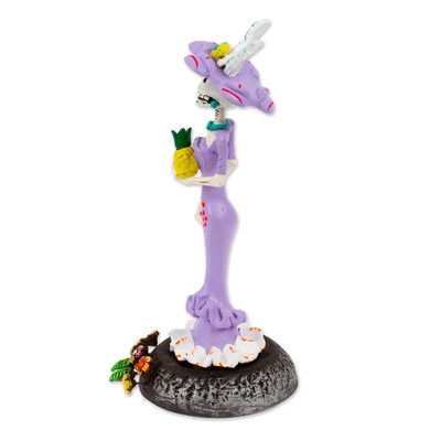 Keramikskulptur - Handgefertigte florale Lavendel-Catrina-Skulptur auf floralem Sockel