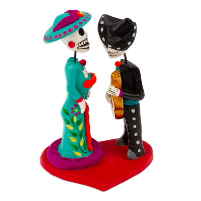 Ceramic sculpture, 'Musical Liaison' - Hand-Painted Music-Themed Romantic Day of The Dead Sculpture