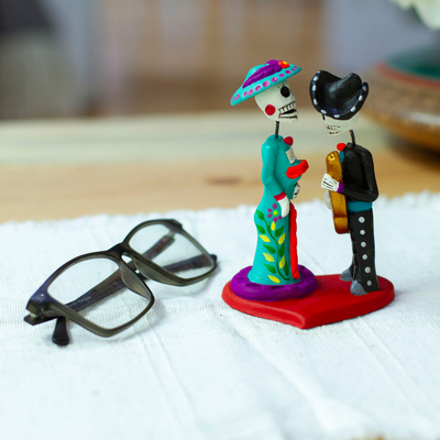 Ceramic sculpture, 'Musical Liaison' - Hand-Painted Music-Themed Romantic Day of The Dead Sculpture