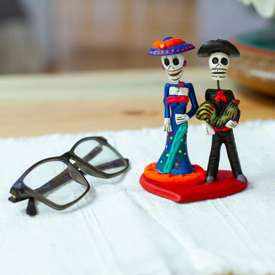 Ceramic sculpture, 'Traditional Liaison' - Hand-Painted Classic Romantic Day of The Dead Sculpture