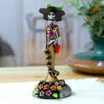 Ceramic sculpture, 'The Regal Catrina' - Handcrafted Floral Bronze Catrina Sculpture on Floral Base