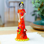 Ceramic sculpture, 'Playful Catrina' - Hand-Painted Catrina & Monkey Ceramic Sculpture from Mexico