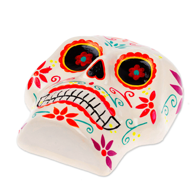 Ceramic wall art, 'Face of the Underworld' - Hand-Painted Floral Day of the Dead Skull Ceramic Wall Art