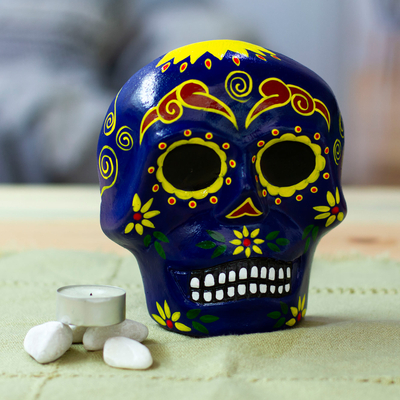 Ceramic wall art, 'Face of the Vibrant Underworld' - Painted Floral Blue Day of the Dead Skull Ceramic Wall Art