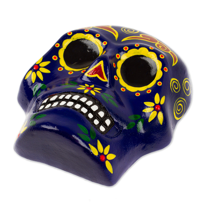 Ceramic wall art, 'Face of the Vibrant Underworld' - Painted Floral Blue Day of the Dead Skull Ceramic Wall Art