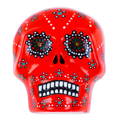 Ceramic wall art, 'Face of the Flaming Underworld' - Painted Floral Orange Day of the Dead Skull Ceramic Wall Art