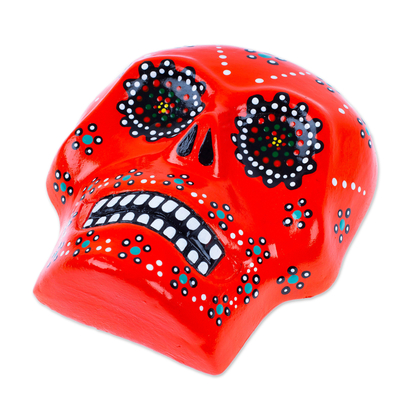 Ceramic wall art, 'Face of the Flaming Underworld' - Painted Floral Orange Day of the Dead Skull Ceramic Wall Art