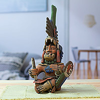 Escultura de cerámica, 'Jaguar Hero' - Escultura de cerámica de guerrero jaguar de arte popular pintada a mano