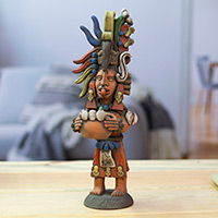 Escultura de cerámica, 'Maya Shaman' - Escultura de cerámica de chamán maya de arte popular pintada a mano