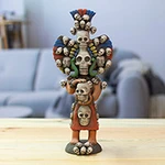 Hand-Painted Folk Art Aztec God Ceramic Sculpture, 'Mictlantecuhtli Realm'