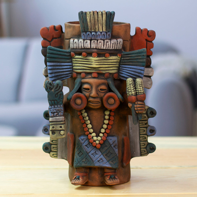 Ceramic decorative vase, 'Maya Urn' - Hand-Painted Folk Art Maya Ceramic Decorative Vase