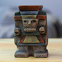 Escultura de cerámica, 'Emblema de Tlaloc' - Escultura de cerámica tradicional de Tlaloc de arte popular pintada a mano