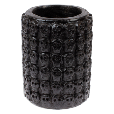 Ceramic flower pot, 'Rows of Dark Skulls' - Skull-Patterned Black Ceramic Flower Pot from Mexico