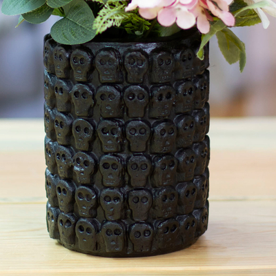 Maceta de cerámica - Maceta de cerámica negra con estampado de calaveras de México
