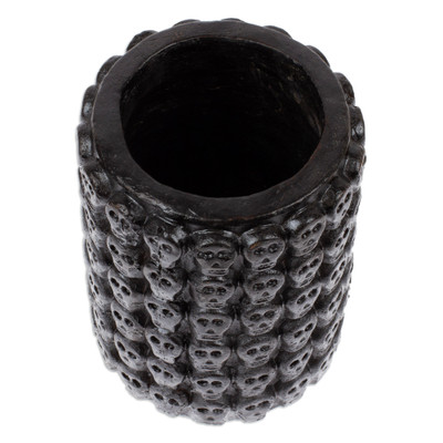 Ceramic flower pot, 'Rows of Dark Skulls' - Skull-Patterned Black Ceramic Flower Pot from Mexico