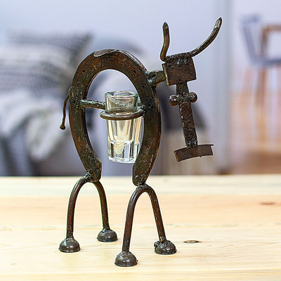 Recycled iron tequila bottle and glass stand, 'Salud' (set of 3) - Recycled Iron Cow Tequila Bottle and Glass Stand 3-Piece Set