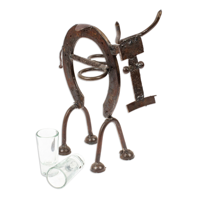Recycled iron tequila bottle and glass stand, 'Salud' (set of 3) - Recycled Iron Cow Tequila Bottle and Glass Stand 3-Piece Set