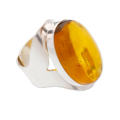 Amber cocktail ring, 'Gleaming Glam' - Sterling Silver Adjustable Cocktail Ring with Oval Amber
