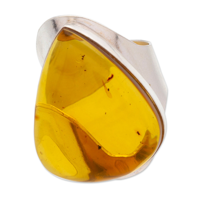 Amber cocktail ring, 'Luminous Glam' - Sterling Silver Adjustable Cocktail Ring with Teardrop Amber
