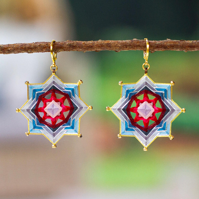 Gold-plated dangle earrings, 'Holy Star' - 18k Gold-Plated Star-Shaped Red and Blue Dangle Earrings