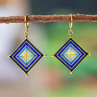 Gold-plated handwoven dangle earrings, 'Blue Jewels' - 18k Gold-Plated Diamond-Shaped Woven Blue Dangle Earrings