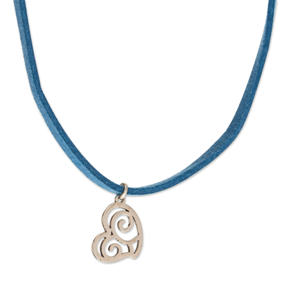 Suede and sterling silver pendant necklace, 'Sky Heart' - Heart-Shaped Blue Suede and Sterling Silver Pendant Necklace