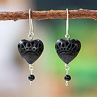 Ceramic and onyx dangle earrings, 'Barro Negro Passion' - Romantic Heart-Shaped Barro Negro and Onyx Dangle Earrings