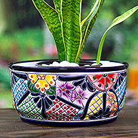 Ceramic flower pot, 'Arcadia' - Hacienda-Themed Round Colorful Ceramic Flower Pot