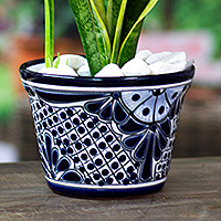 Ceramic flower pot, 'Bewitched Nature' (small) - Handmade Classic Indigo-Toned Ceramic Flower Pot (Small)