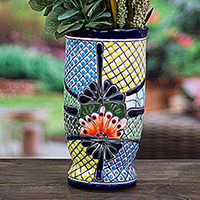 Ceramic vase, 'Life in Paradise' - Handcrafted Hacienda-Themed colourful Ceramic Vase
