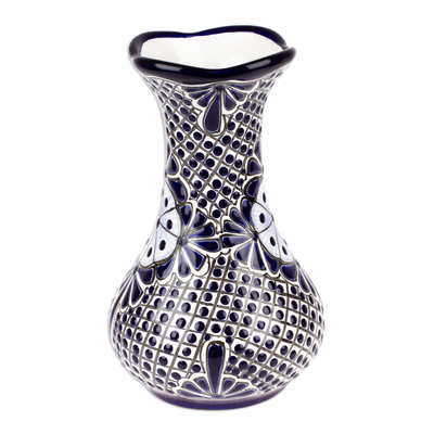 Ceramic vase, 'Bewitched Spring' - Handmade Classic Indigo and White Ceramic Vase from Mexico