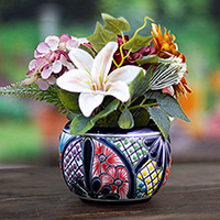 Ceramic flower pot, 'Life in Paradise' (small) - Handcrafted Hacienda Vase-Shaped Ceramic Flower Pot (Small)