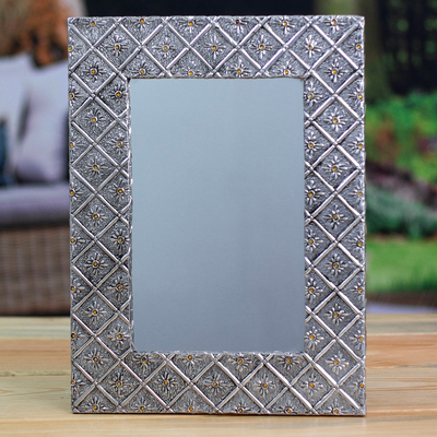 Aluminum repousse mirror, 'Amber Crystal Glow' - Handcrafted Antiqued Aluminum Repousse Floral Wall Mirror