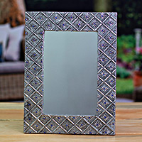 aluminium repousse mirror, 'Blue Crystal Glow' - Floral-Themed Mexican Antiqued aluminium Repousse Wall Mirror
