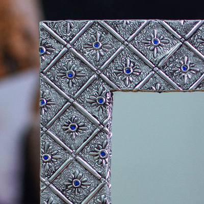 Aluminum repousse mirror, 'Blue Crystal Glow' - Floral-Themed Mexican Antiqued Aluminum Repousse Wall Mirror