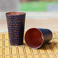 Recycled copper tequila cups, 'Cheers in Blue' (pair) - 2 Blue Hammered Oxidized Recycled Copper Tequila Cups
