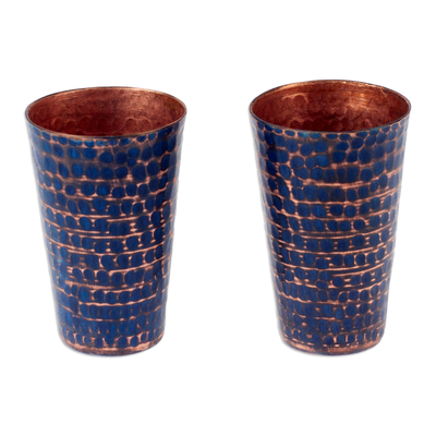 Vasos de tequila de cobre reciclado, (par) - 2 Tazas De Tequila De Cobre Reciclado Oxidado Martillado Azul