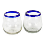 Handblown stemless wine glasses, 'Cobalt Day' (pair) - Cobalt Blue and Clear Handblown Stemless Wine Glasses (Pair)
