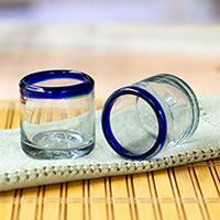 Handblown rocks glasses, 'Cobalt Day' (pair) - Cobalt Blue and Clear Handblown Rocks Glasses (Pair)