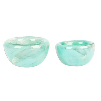 Handblown glass bowls, 'Flavors in Mint' (set of 2) - Handblown Patterned Mint Recycled Glass Bowls (Set of 2)