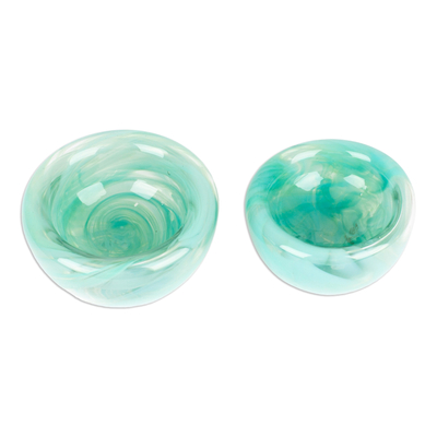 Handblown glass bowls, 'Flavors in Mint' (set of 2) - Handblown Patterned Mint Recycled Glass Bowls (Set of 2)