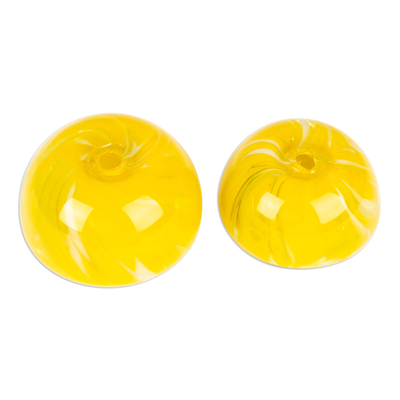 Handblown glass bowls, 'Flavors in Summer' (set of 2) - Handblown Patterned Yellow Recycled Glass Bowls (Set of 2)