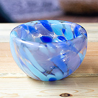 Handblown glass dessert bowl, 'Flavors in Blue' - Handblown Patterned Blue Recycled Glass Dessert Bowl
