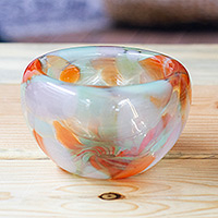 Mundgeblasene Dessertschale aus Glas, „Flavours in Autumn“ – Handgeblasene, gemusterte Dessertschale aus orangefarbenem und weißem Glas